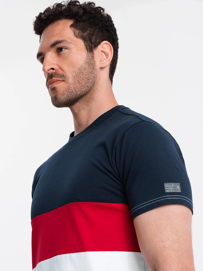 Men's tricolor T-shirt with wide stripes - navy blue and white V1 OM-TSCT-0152