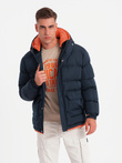 Warm men's sports jacket with double hood - navy blue V2 OM-JAHP-0208