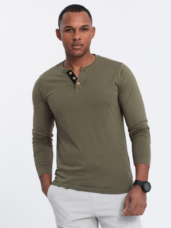 Men's cotton longsleeve with buttons at the neckline - dark olive V1 OM-LSCL-0107