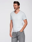 Klasické bavlnené pánske tričko BASIC s výstrihom - svetlosivé V23 OM-TSBS-0237