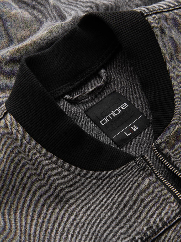 Jachetă bomber din denim pentru bărbați cu efect de spălare cu pietre - gri V1 OM-JADJ-0163