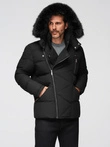 Men's quilted jacket with cut of ramoneski with hood - black V1 OM-JAHP-0252