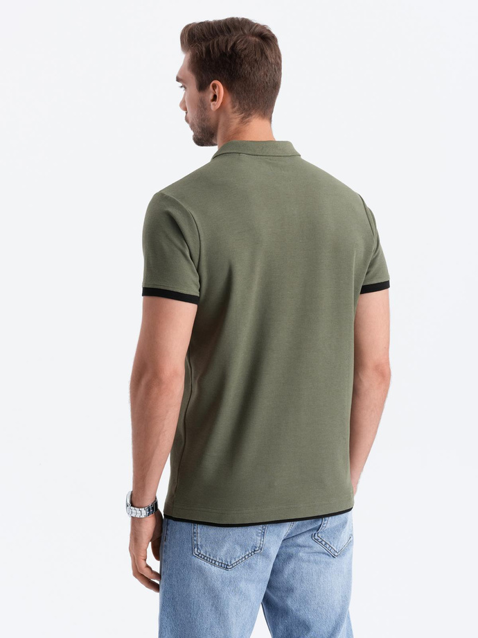 Tricou polo bărbătesc din bumbac cu ornamente contrastante - olive V6 OM-POSS-0113
