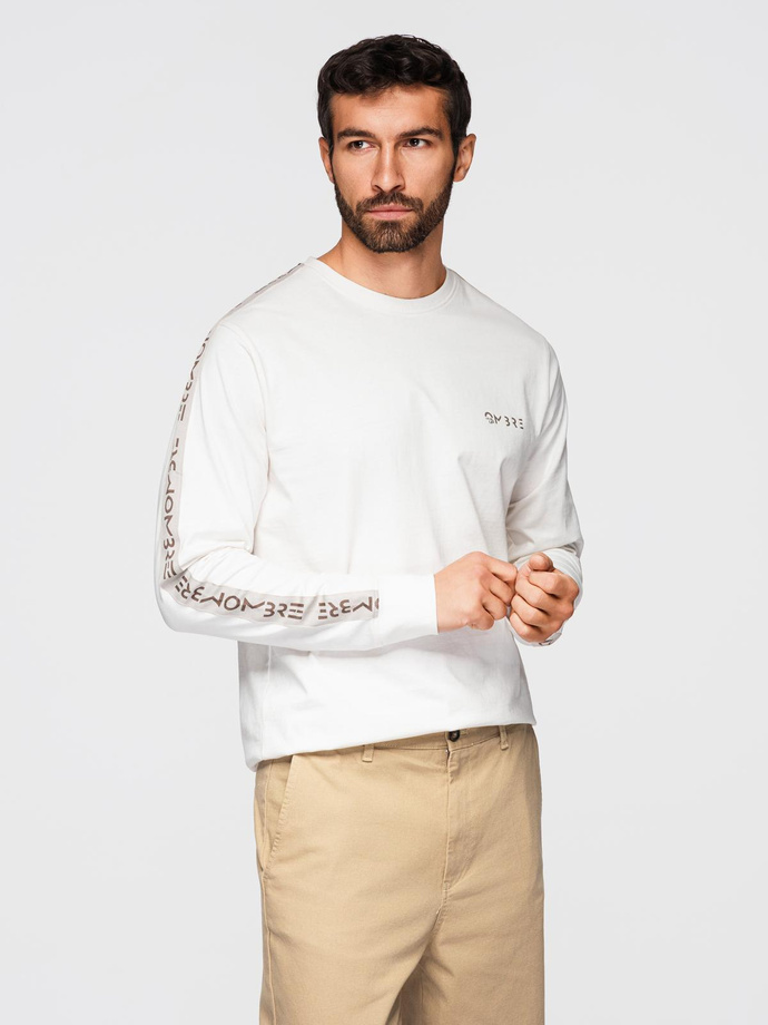 Men's cotton U-neck longsleeve with piping and chest print - broken white V3 OM-LSCL-0127