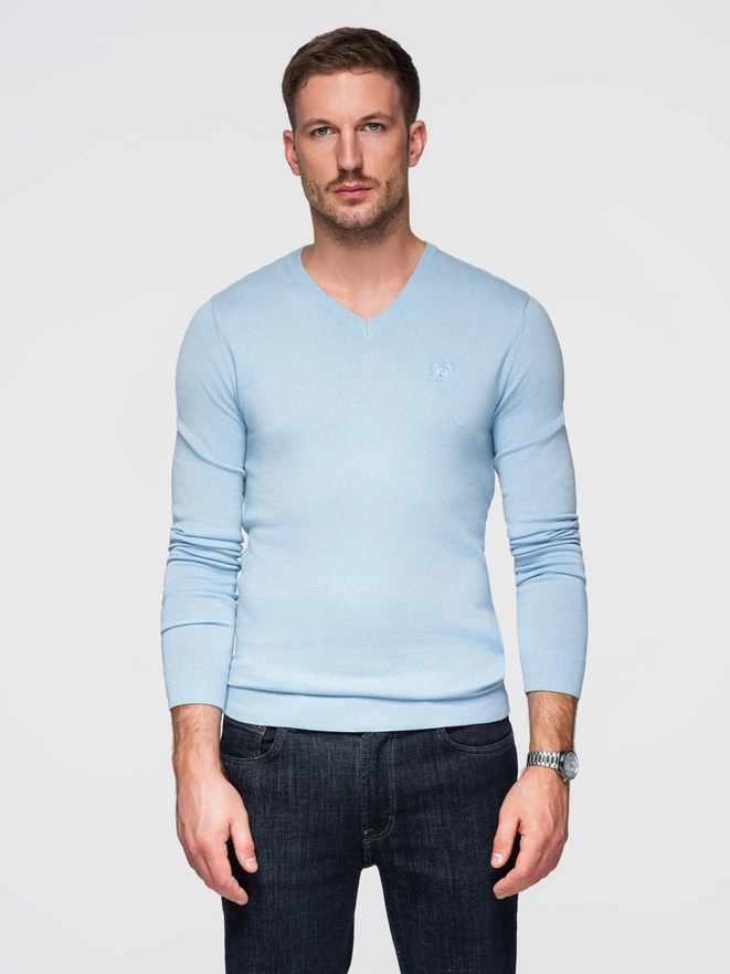 Elegant men's sweater with a v-neck - light blue V10 OM-SWBS-0107