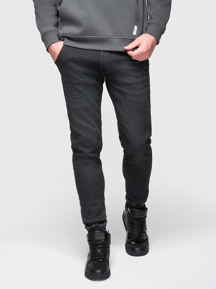 Pantaloni jogger din denim pentru bărbați cu cordon în talie - negru V4 OM-PADJ-0242
