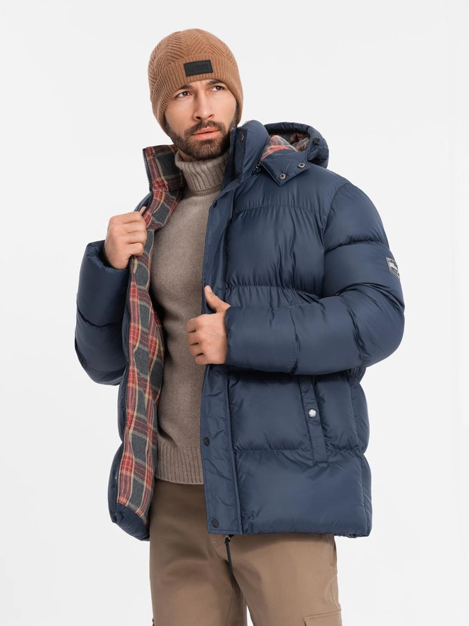 Men's puffer jacket with check lining - navy blue V1 OM-JAHP-0205