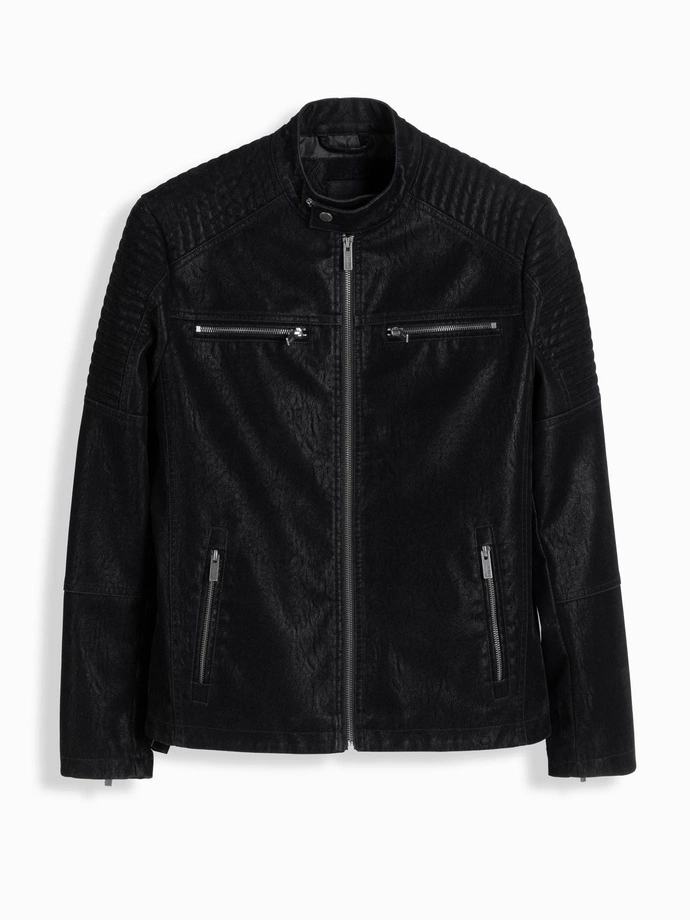 Stylish men's eco leather biker jacket with collar - black V2 C637