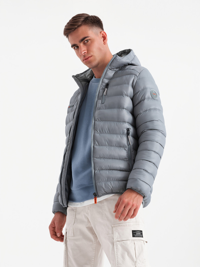 Men's quilted jacket with hood - gray V2 C549