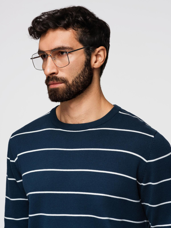 Casual men's sweater with horizontal stripes - navy blue V1 OM-SWSW-0143