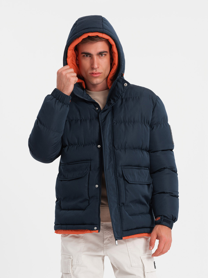 Warm men's sports jacket with double hood - navy blue V2 OM-JAHP-0208