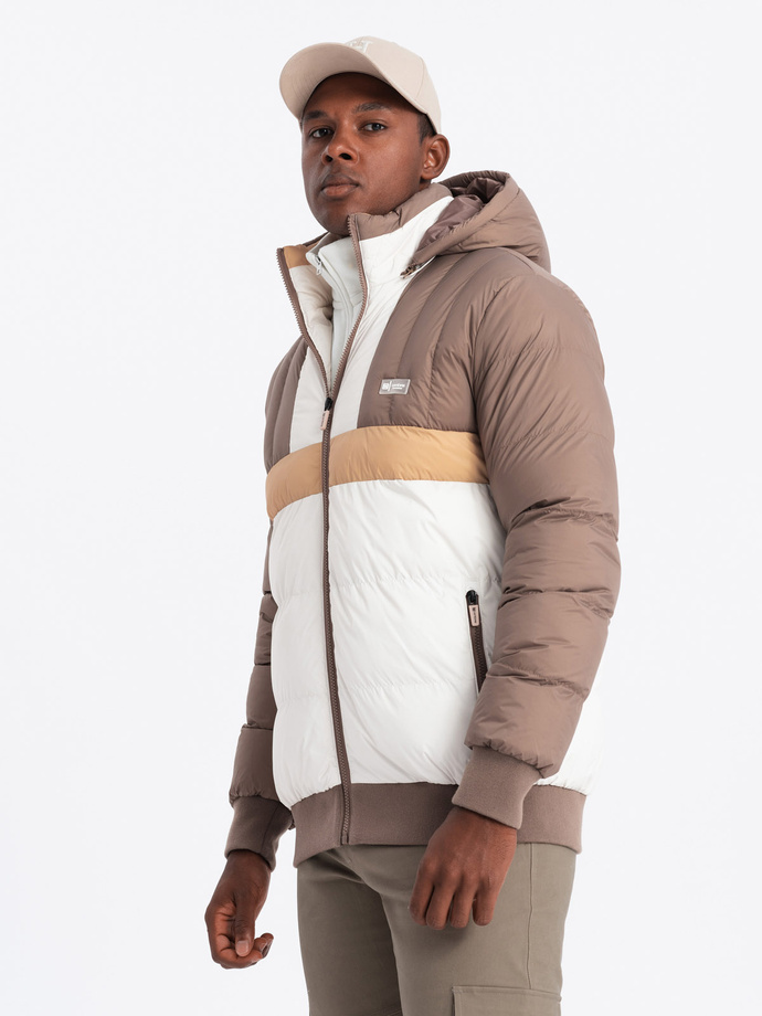 Pánska farebná retro športová bunda - béžová a biela V2 OM-JALP-0175