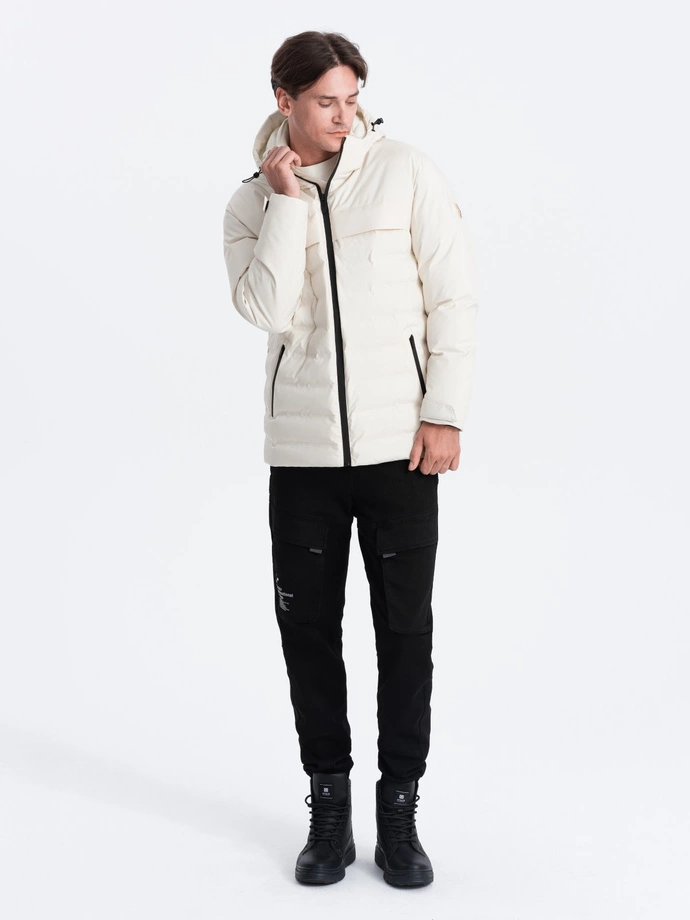 Men's winter jacket with detachable hood - cream V2 OM-JAHP-0150