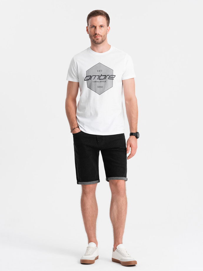 Tricou bărbătesc din bumbac cu imprimeu geometric și logo - alb V1 OM-TSPT-0141