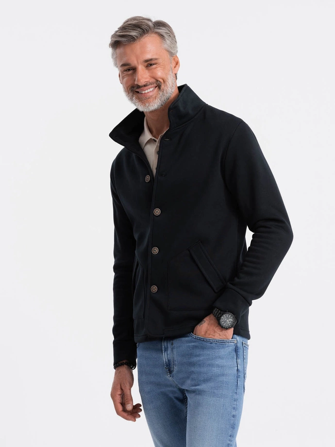 Men's button-down sweatshirt with collar - black V6 OM-SSZP-22FW-013