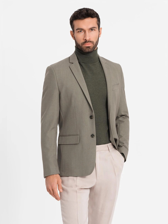 Jachetă elegantă SLIM FIT pentru bărbați cu raion - verde măsliniu V5 OM-BLZB-0135