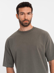 Men's LOOSE FIT cotton t-shirt with round neckline - dark olive V7 OM-TSBC-0234