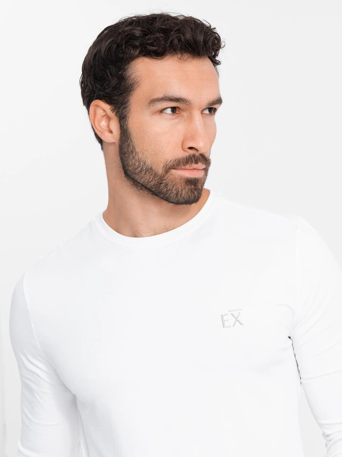 Pánské tričko SLIM FIT s dlouhým rukávem, elastanem a potiskem - bílé V2 OM-LSBC-0124