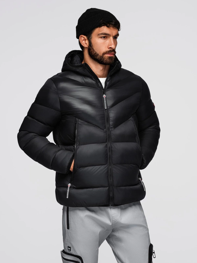 Modern quilted men's jacket of combined materials - black V1 OM-JAHP-0303