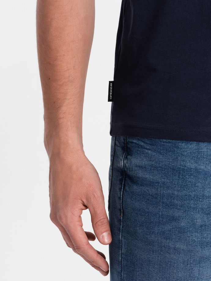 Tricou clasic din bumbac pentru bărbați BASIC cu guler în V - albastru marin V2 OM-TSBS-0145
