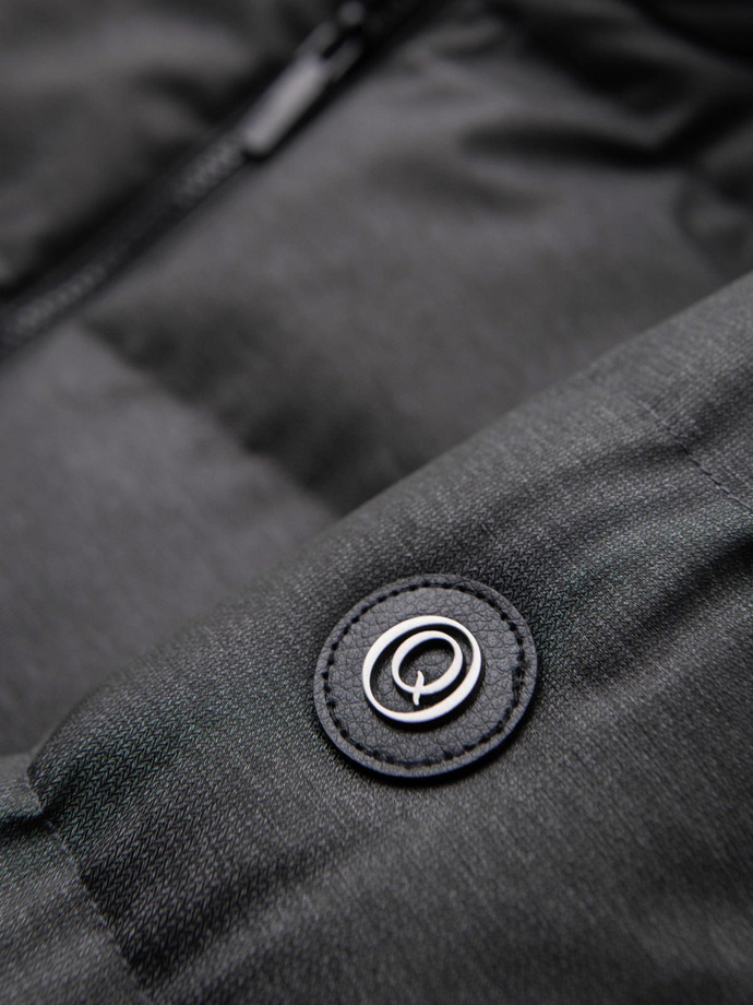 Men's long quilted jacket with hood - grey V2 OM-JALJ-0264