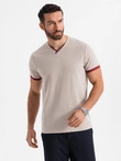 Tricou pentru bărbați cu inserții contrastante și decolteu în V - bej V2 OM-TSCT-0198
