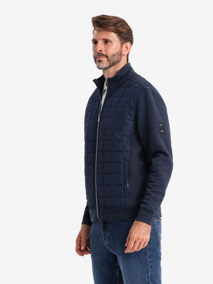 Jachetă bărbătească ușoară cu fermoar și față matlasată - albastru marin V1 OM-JANP-0193