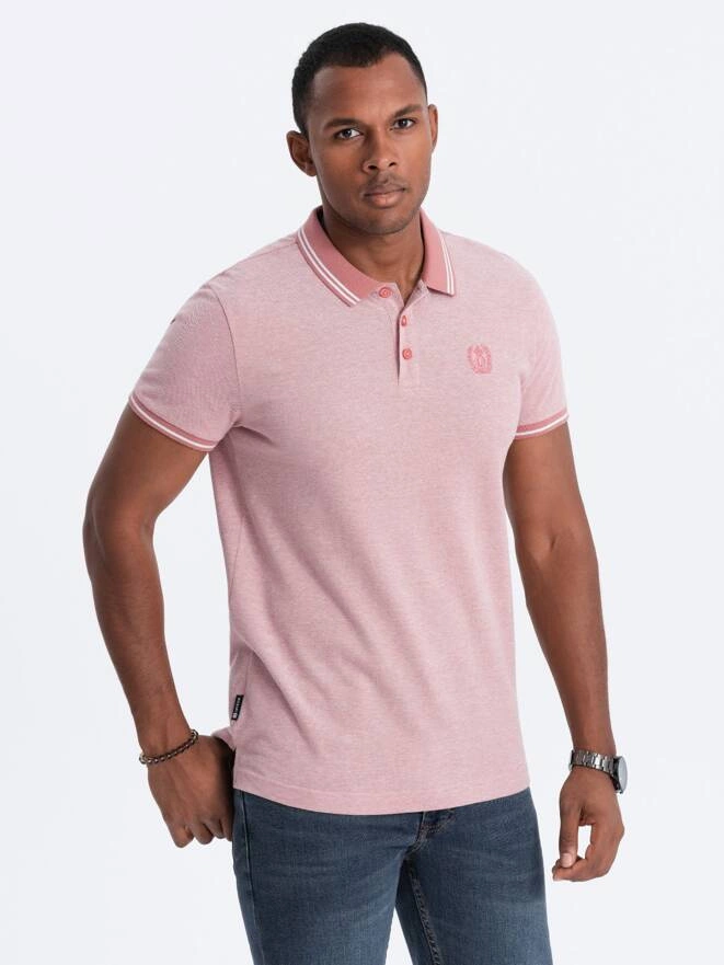 Tricou polo melange pentru bărbați cu guler contrastant - roz V2 S1618