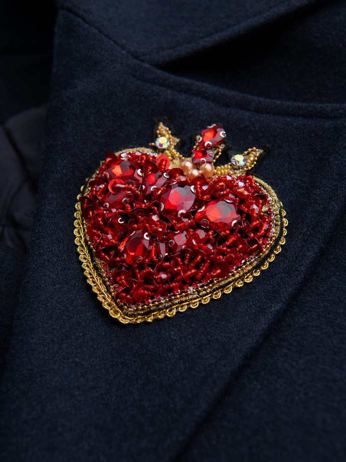 Men's double-breasted coat with wool and decorative appliqués - V1 navy blue OM-COWC-0149