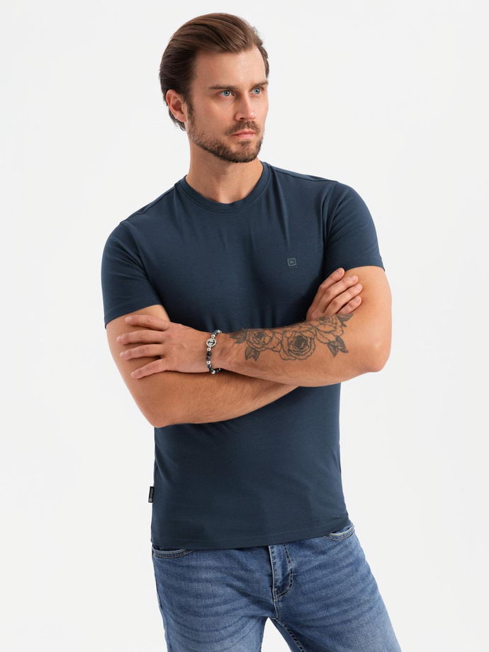 Tricou SLIM FIT pentru bărbați cu decolteu rotund și logo - albastru marin V2 OM-TSCT-0220