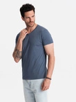 Tricou clasic BASIC pentru bărbați din bumbac cu guler în V - albastru melange V18 OM-TSBS-0145
