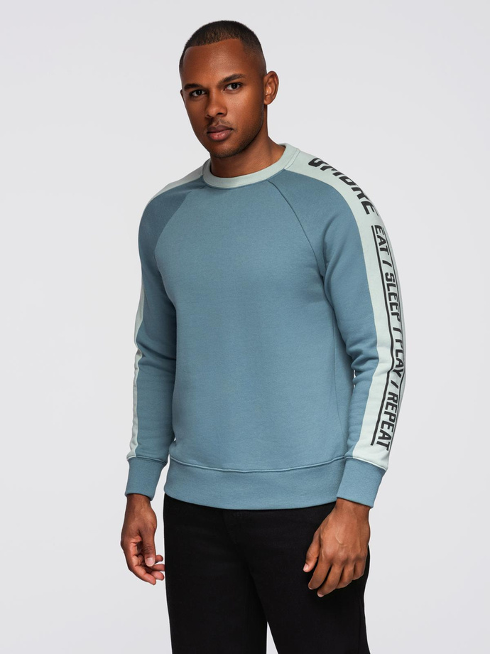 Men's sweatshirt with contrasting stripes and raglan sleeves - bleached turquoise V4 OM-SSNZ-0200