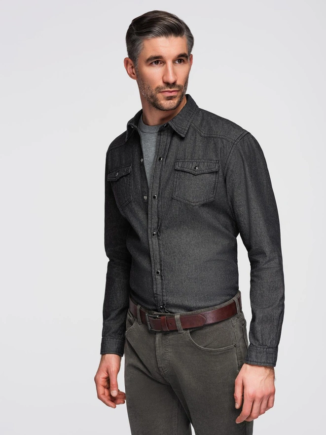 Men's denim snap shirt with pockets - blue V2 OM-SHDS-0115