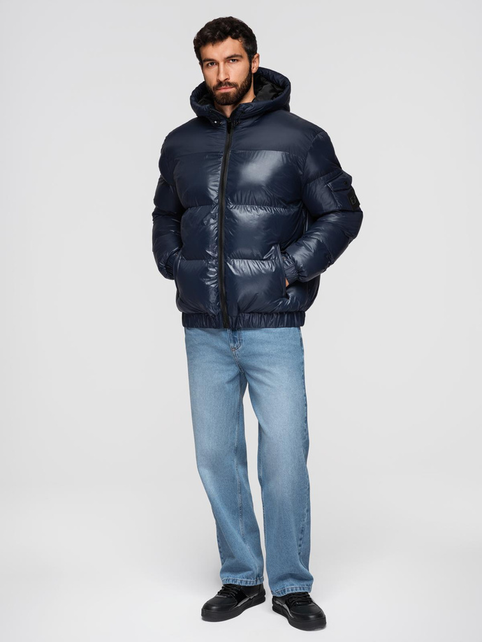 Jachetă puffer călduroasă pentru bărbați cu margini cu nervuri - albastru marin V2 OM-JAHP-0207