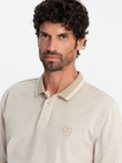 Men's melange polo longsleeve with embroidery - sand melange V4 OM-POLS-0129