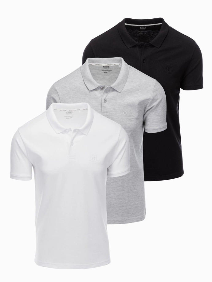 Set tricou polo din bumbac pentru bărbați BASIC - negru/gri melange/alb V2 OM-POBS-0133