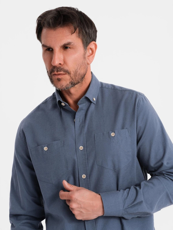 Men's linen shirt with classic collar and pockets REGULAR FIT - blue V4 OM-SHCS-0134