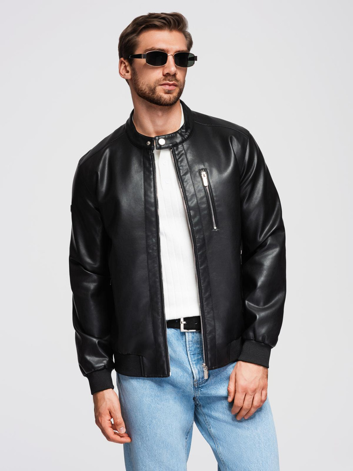 Men's faux leather jacket with ribbed bottom hem - black V2 OM-JAFL-0109