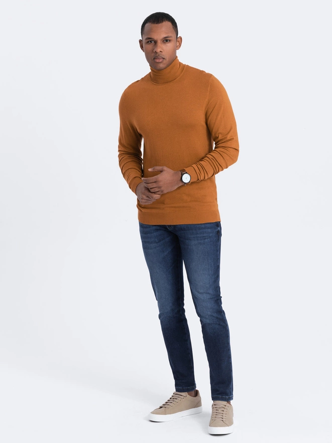 Men's knitted single-color turtleneck with viscose - camel V8 OM-SWTN-0101