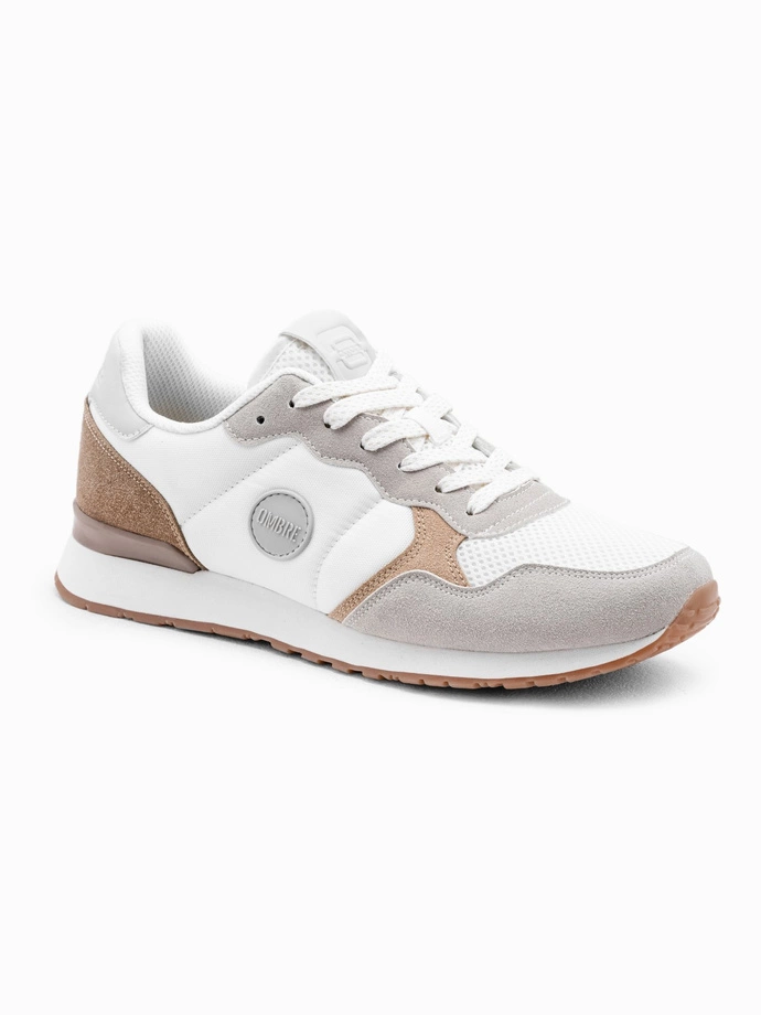 Men's shoes sneakers with combined materials and mesh - white and brown V1 OM-FOSL-0155