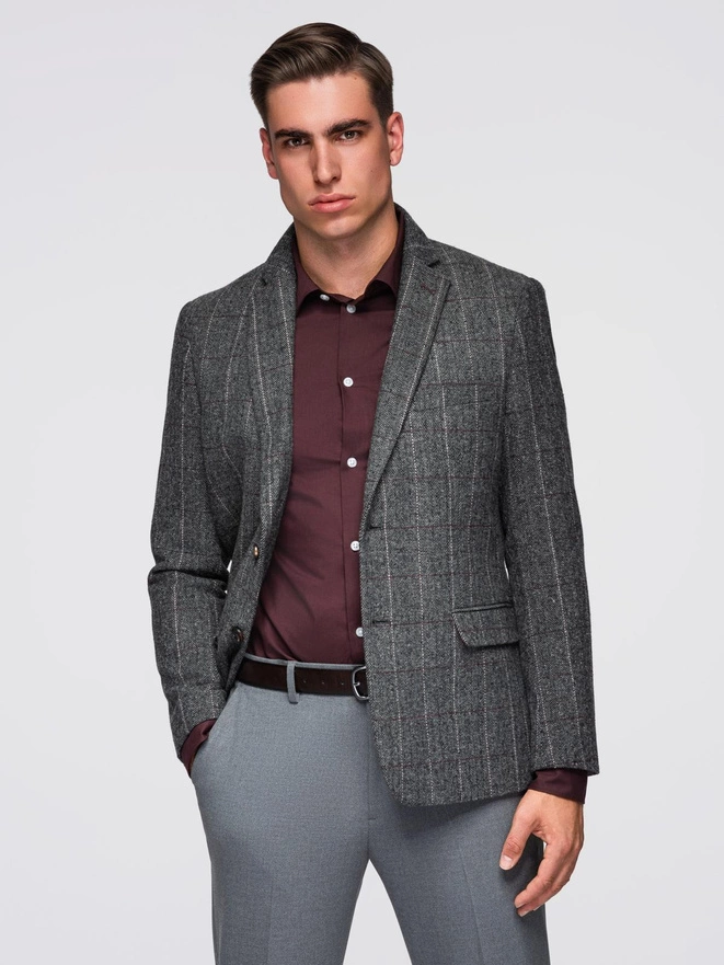 Elegantiškas vyriškas vilnos mišinio languotas švarkas - pilkas V1 OM-BLZB-0137