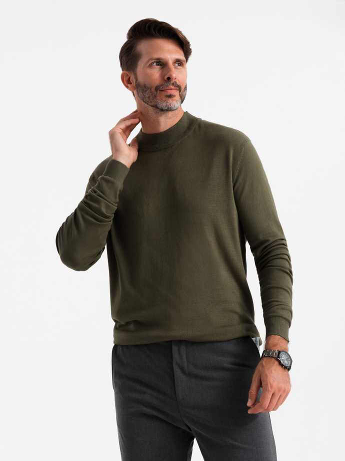 Men's knitted half turtleneck with viscose - dark olive V7 OM-SWTN-0100