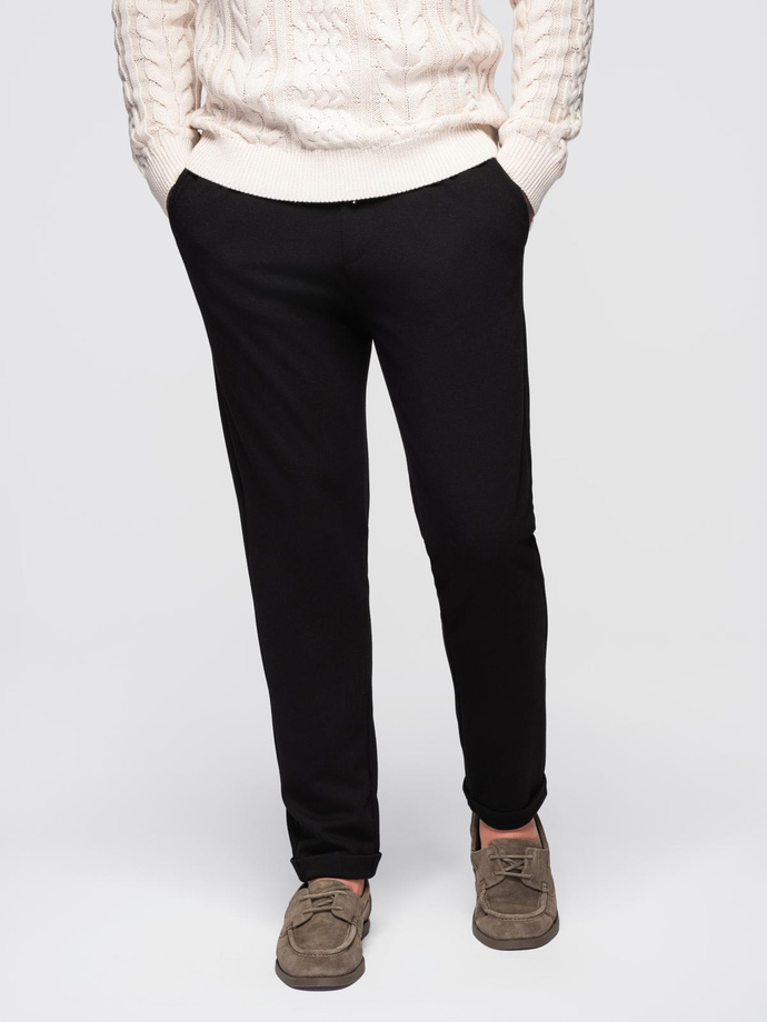 Pantaloni bărbătești din tricot pique cu talie reglabilă - negru V2 OM-PACP-0283