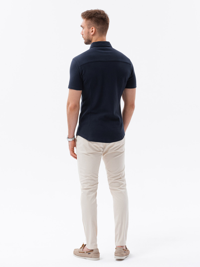 Pánská pletená košile s krátkým rukávem a límečkem - tmavě modrá V2 OM-SHSS-0100