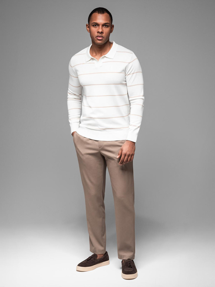 Men's horizontal striped polo longsleeve with viscose - white and beige V4 OM-POLS-0146