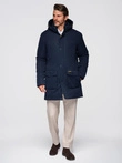 Elegantní pánská parka s kapsami a kapucí - tmavě modrá V2 OM-JAPJ-0287