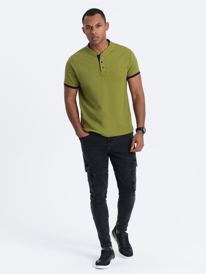 Tricou polo fără guler pentru bărbați - verde măsliniu V6 OM-TSCT-0156