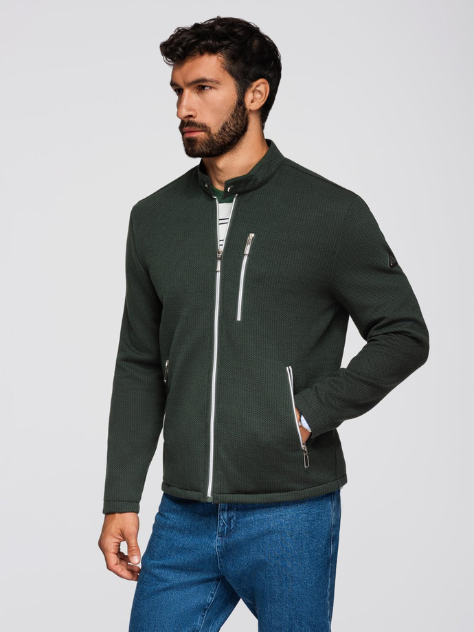 Structured men's biker jacket with stand-up collar - dark green V3 OM-JANP-0229