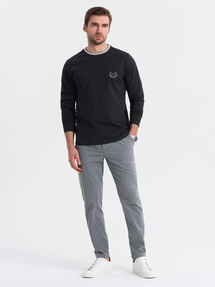 Men's cotton longsleeve with striped U neckline and embroidery - black V4 OM-LSCL-0128