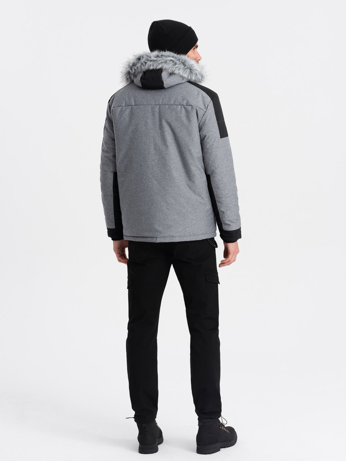 Vyriška žieminė striukė su reguliuojamu gobtuvu ir nuimamu kailiu - pilka ir juoda V1 OM-JAHP-0144